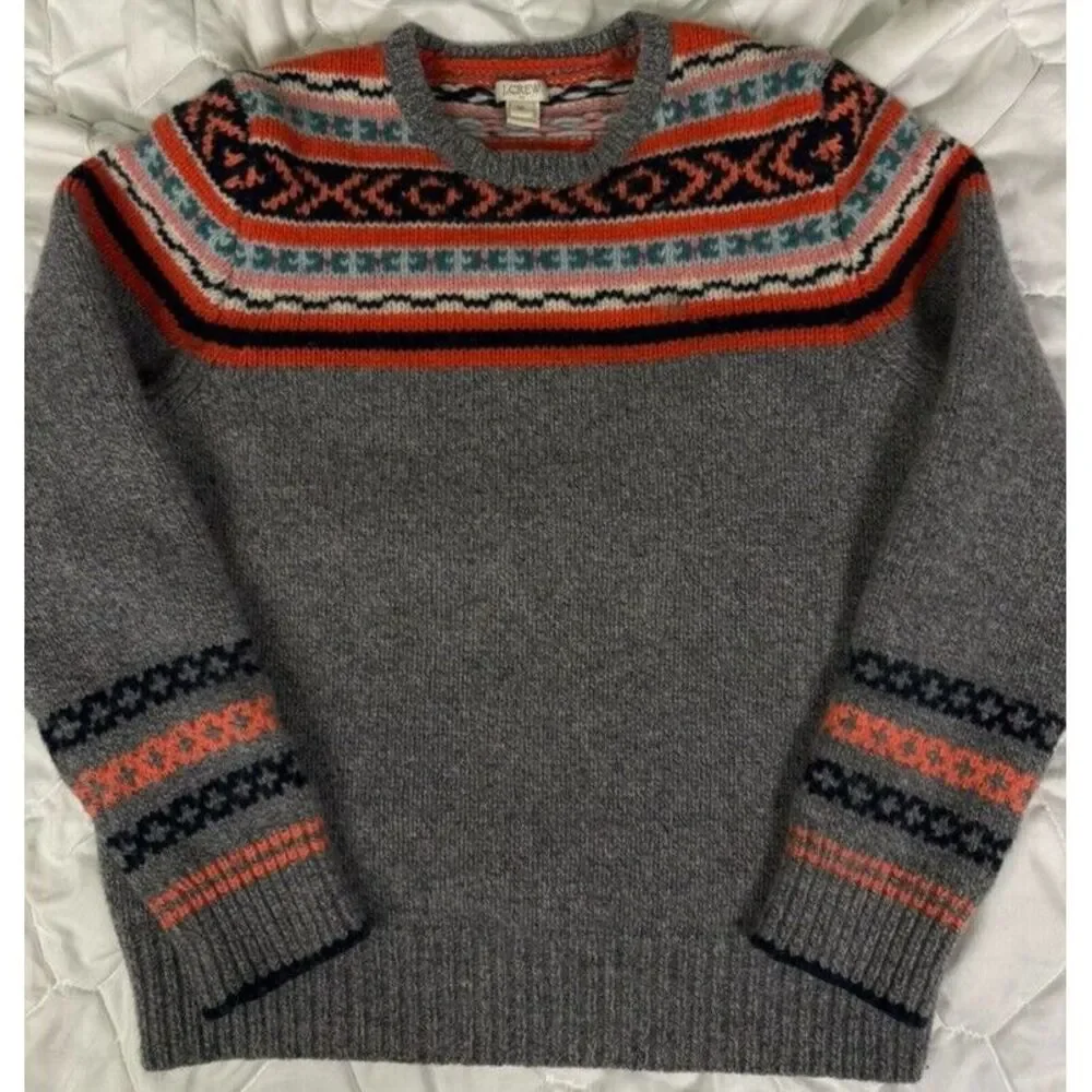 J.Crew Nordic Sweater‎ Lambswool Fair Isle Apres Ski Childrens XL Grey Orange